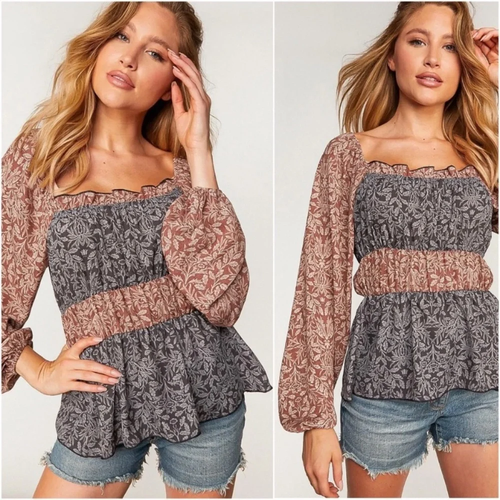 New Women’s Charcoal And Rust Floral Long Sleeve Spring Blouse Top - Picture 2 of 4